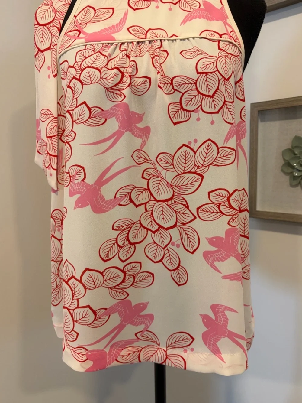 Anthropologie Maeve Cream/Red/Pink Bird & Leaf Print Bow Blouse EUC - Picture 6 of 16